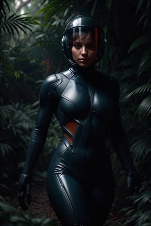(medium shot), beautiful female wearing black futuristic Astronaut tight body suit lost in a deep Jungle, serious face, futuristic astronaut helmet, her hair tucked inside the helmet, reflection on the helmet visor, ((walking, wandering around, searching for a way out)), looking away, tangerine cold color palette, muted colors, detailed, 8k