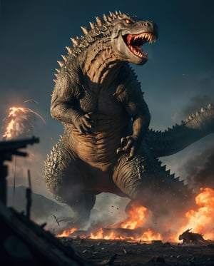 best quality, masterpiece, ultra high res, realistic, detailed, (photorealistic details:1.4), RAW photo, sharp focus, ((bleeding)), 1godzilla, detailed skin, armored, giant laboratory in background, battle scene, action movie, ([fire|explosions]), dust, debris