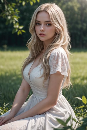 (full shot:1.2), (detailed face: 1.2), Best quality, masterpiece, serious, ultra-high resolution, (photorealistic: 1.2), (best quality)), ((masterpiece)), (masterpiece, best quality),1girl with long white hair sitting in a field of green plants and flowers, her hand under her chin, warm lighting, white dress, blurry foreground, photorealistic, full image, full body, day light, hyper-realistic, uncompressed UHD 8K format, cinematic lights, cinematic colors, bokeh, Realism.