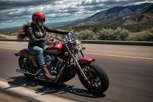 1woman, a beautiful woman riding her motorcycle, bobber custom harley, helmet, boots, sunglasses, her hair blowing by the wind, (speeding:1.3), (motion blur:1.3), from_side, (detailed both hand gripping the handlebar), photorealistic,