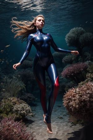 ((masterpiece)), ((highestquality)), ((8k)),((ultra-detailed)), 1girl, realistic, shiny body, divingsuit, barefoot, (floating dive:1.3), underwater, sand, underwater plants, full_body,