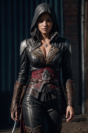 (cowboy shot), High quality, 1woman, beautiful face, perfect body, assassin's creed, solo, black hair, assassin's armor, assassin's pants, assassin's boots, black-colored apparel