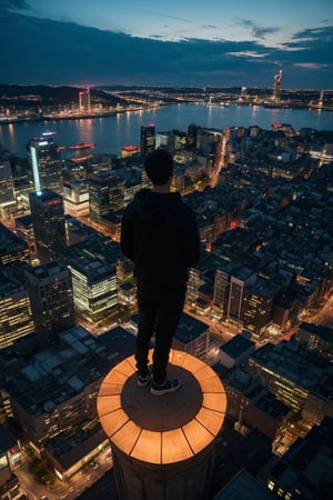 absurdres, best quality, cityscape, building, city, skyscraper, from above, night BREAK BREAK BREAK solo, 1man, (looking at view), (black hoodie, standing on ruins of pillar on the top of a roof), from behind, (aerial view 45 degree angle:1.5), (zoom out:1.8), black theme, expressionless