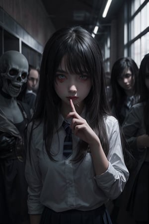 absurdres, 1girl, red eyes, long hair, wide-eyed, eyelashes, looking at viewer, upper body, concept art, school uniform, ghost, hallway, horror theme, posing, crowd