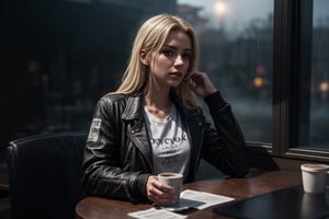 (full shot:1.2), (detailed face: 1.2), Best quality, masterpiece, serious, ultra-high resolution, (photorealistic: 1.2), (best quality)), ((masterpiece)), 1woman, (high detail skin:1.2), (long blonde hair, black leather jacket, white crop-top tshirt, pants), sitting, inside cafe at small table, 1cup of coffee on the table, looking out large picture window, abandoned cyberpunk street, foggy, raining, photorealistic, full image, full body, day light, hyper-realistic, uncompressed UHD 8K format, cinematic lights, cinematic colors, bokeh, Realism.