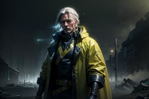 cowboy shot of man in yellow navy, long grey hair, thick green fog, raincoat , wasteland , plastic gloves, particles, green fog,cyberpunk 