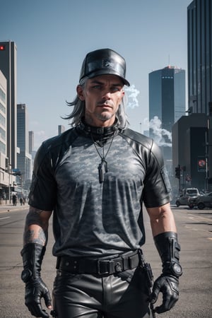 cowboy shot of 1 man , cyber cowboy , grey hair,grey camo army pants, black baseball cap, military long t shirts grey camo, blue eyes , seaside , city , leather and metal thick gloves, Arizona ,cyberpunk, cinematic light, 
, smoke in sky ,