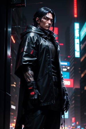 cowboy shot of 1 man , cyber street samouraï , long black hair ,grey camo army pants, (black rubber poncho:1,5) , metal eyes , cyberpunk city, neon color light ,thick gloves, japan ,cyberpunk, cinematic light, blue and red sky