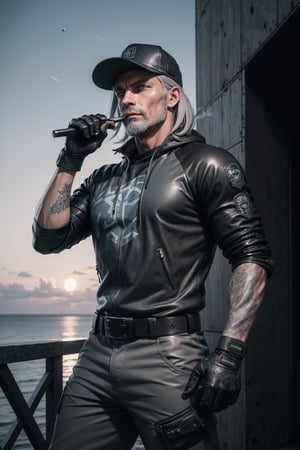 cowboy shot of 1 man , mercenary , grey hair,grey camo army pants, black baseball cap, military long t shirts grey camo, blue eyes , seaside ,caraiban , leather and metal long gloves, fullmoon ,cyberpunk, cinematic light, 
, smoke in sky ,huge explosion 