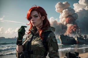 cowboy shot of 1 woman , mercenary , red hair,green camo army pants, green beret, military long t shirts green camo, green eyes , seaside ,caraiban , plastic long gloves, sun ,cyberpunk, cinematic light, 
Rockets in sky, smoke, 