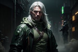 cowboy shot of man , mercenary , long grey hair, thick green fog, raincoat , wasteland , plastic gloves, particles, green fog,cyberpunk 