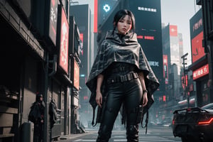 cowboy shot of 1 girl , augmentation  ,  black hair ,grey camo army pants, (black rubber poncho:1,5) , Perfect eyes , cyberpunk city, sunshine light , japan ,cyberpunk, cinematic light, blue and red sky