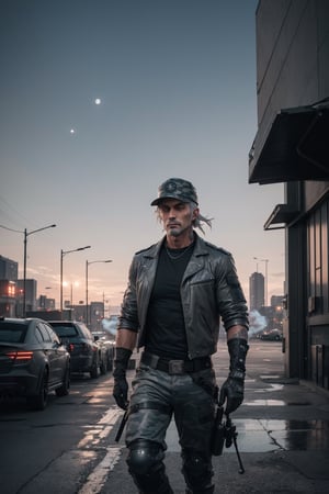 cowboy shot of 1 man , mercenary , grey hair,grey camo army pants, black baseball cap, military long t shirts grey camo, blue eyes , seaside , city , leather and metal long gloves, fullmoon ,cyberpunk, cinematic light, 
, smoke in sky ,huge explosion 