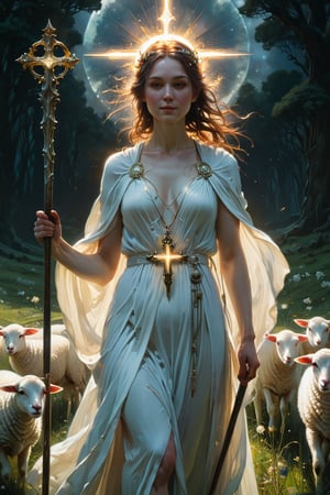 portrait, photorealistic of A serene and compassionate figure dressed in flowing white robes, holding a shepherd's staff. She stands in a peaceful meadow with a lamb at her side, symbolizing guidance and care, smile, A distant cathedral and a glowing cross in the sky enhance the setting, masterpiece by Aaron Horkey and Jeremy Mann, masterpiece, best quality, Photorealistic, ultra-high resolution, photographic light, illustration by MSchiffer, fairytale, sunbeams, cinematic lighting, Hyper detailed, atmospheric, vibrant, dynamic studio lighting, wlop, Glenn Brown, Carne Griffiths, Alex Ross, artgerm and james jean, spotlight, fantasy, surreal, octane render, unreal engine v5