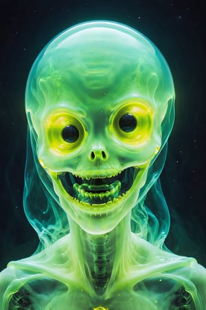 Illustrate Snapchat as an alien with a ghostly, translucent body and a playful expression. The alien should have facial features that change like Snapchat filters and a yellow hue