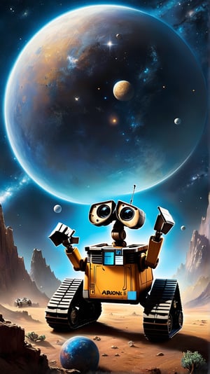 Futuristic Space and Landscape: The poster showcases Wall-E, Eve, and a host of other robots embarking on a cosmic journey. Set against a 4k resolution backdrop, myriad planets and twinkling stars stretch infinitely, hinting at the vastness of space and the adventures that lie ahead for our heroes. style of Jean Baptiste Monge, Thomas Kinkade, David Palumbo, Carne Griffiths, MASTERPIECE by Aaron Horkey and Jeremy Mann