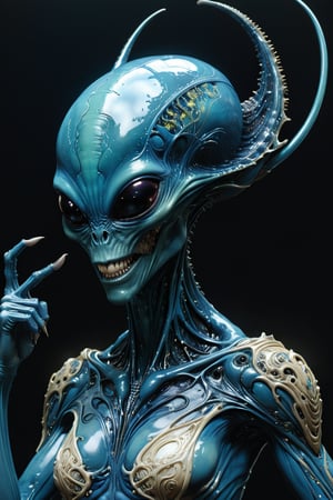 Create an alien representation of Facebook, with the alien having a blue color scheme and a 'thumbs up' antenna. The alien should have multiple eyes resembling notifications and a friendly smile, masterpiece by Aaron Horkey and Jeremy Mann, masterpiece, Photorealistic, illustration by MSchiffer, octane render, unreal engine v5, high resolution, wlop, Glenn Brown, Carne Griffiths, Alex Ross, artgerm and james jean