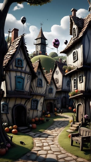 A happy and playful scene of a village style of Tim Burton