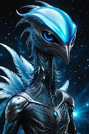 Generate an alien version of Twitter, with a sleek, bird-like alien creature made of metallic feathers, glowing blue eyes, and a beak that looks like the Twitter logo, soaring through a high-tech, cosmic environment