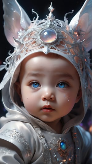 Cute and Adorable Baby: In a dreamlike realm captured in 8K resolution, a baby emanates adorable darkness. Its neon eyes, glowing with smoky luminescence, contrast with the hoarfrost metal lace that adorns it. Fantasy elements of sunlight and sunbeams cut through, highlighting the intricate and highly detailed design. The symmetrical artwork is brought to life with soft lighting, echoing surrealism. This masterpiece is trending on ArtStation, echoing the styles of renowned artists like Ross Tran, Wlop, Artgerm, James Jean, Brian Froud, and Miho Hirano. The heavy strokes and dripping paint techniques hint at the touch of Aykut Aydoğdu's oil on canvas, while Neimy Kanani and Miho Hirano's detailed illustrations intertwine with the ethereal charm of an Unreal Engine creation.