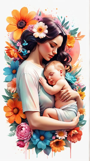 Mother and Baby: Exquisite illustration of a mother cradling her baby, surrounded by a splash of vibrant flowers, designed for a t-shirt. Rendered in brilliant, realistic hues, this vector art piece exudes warmth, love, and fantasy. Detailed in a watercolor technique, the digital painting has a soft luminescence. Presented in an isometric style, with a panoramic viewpoint, the piece embraces a retro feel. The emphasis remains on the characters, set against an isolated white backdrop in 4K resolution. Crafted with a realistic touch in Cinema 4D, this image is ideal for logo design with its vintage aesthetic and clear focus.