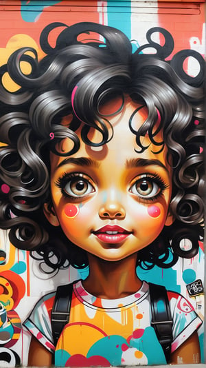 a playful graffiti and street art of a little girl with big eyes, curly hairs, smiling face, creative elements and beautiful creatures around her, in style of Erik Jones