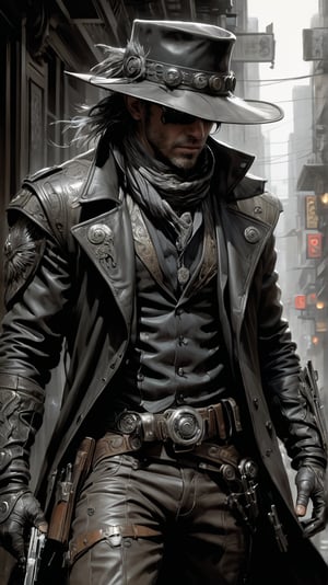 male bandit, MASTERPIECE by Aaron Horkey and Jeremy Mann, sharp, masterpiece, best quality, Photorealistic, ultra-high resolution, photographic light, illustration by MSchiffer, Hyper detailed