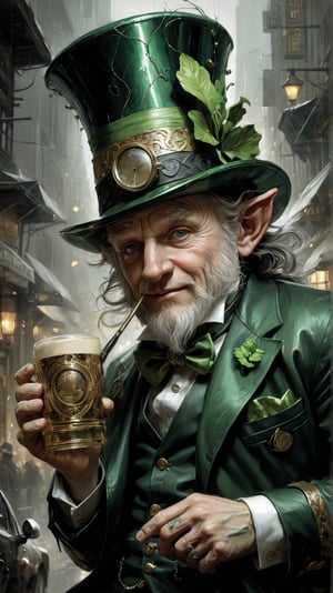 Leprechaun, MASTERPIECE by Aaron Horkey and Jeremy Mann, sharp, masterpiece, best quality, Photorealistic, ultra-high resolution, photographic light, illustration by MSchiffer, Hyper detailed