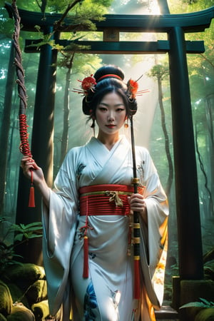portrait, photorealistic of A graceful and ethereal figure dressed in traditional Shinto priestess garments, holding a shimenawa (sacred rope) and a branch of sakaki. She stands in a lush forest with a torii gate and a Shinto shrine, symbolizing purity and nature, masterpiece by Aaron Horkey and Jeremy Mann, masterpiece, best quality, Photorealistic, ultra-high resolution, photographic light, illustration by MSchiffer, fairytale, sunbeams, cinematic lighting, Hyper detailed, atmospheric, vibrant, dynamic studio lighting, wlop, Glenn Brown, Carne Griffiths, Alex Ross, artgerm and james jean, spotlight, fantasy, surreal, octane render, unreal engine v5
