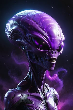 Create an alien interpretation of Twitch, a dynamic, game-like alien with a face that changes like a live stream screen, purple hues with glowing highlights, and an energetic environment filled with floating, interactive gaming elements