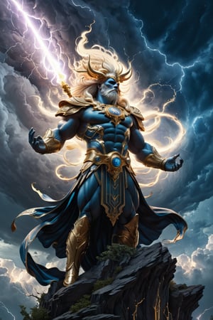 Depict a mighty and authoritative god for Thursday, representing Jupiter and the force of leadership and abundance. This deity should have a regal presence with thunderbolts in hand, adorned in royal attire. The background can include storm clouds and lightning, emphasizing power and prosperity, masterpiece by Aaron Horkey and Jeremy Mann, masterpiece, best quality, Photorealistic, ultra-high resolution, photographic light, illustration by MSchiffer, fairytale, Hyper detailed, octane render, unreal engine v5