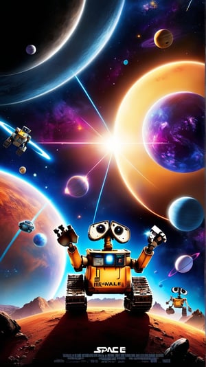 Futuristic Space and Landscape: The poster showcases Wall-E, Eve, and a host of other robots embarking on a cosmic journey. Set against a 4k resolution backdrop, myriad planets and twinkling stars stretch infinitely, hinting at the vastness of space and the adventures that lie ahead for our heroes.