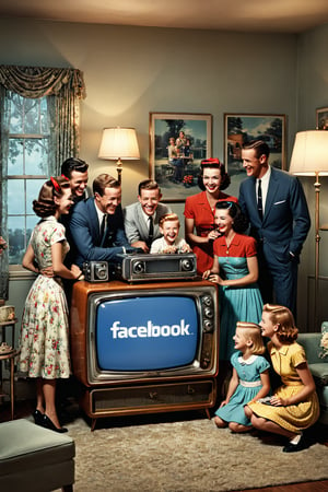 A 1950s-style advertisement for Facebook featuring a smiling family gathered around a vintage television set, with a banner that reads, 'Stay Connected with Loved Ones - Join Facebook!, masterpiece by Aaron Horkey and Jeremy Mann, masterpiece, best quality, Photorealistic, ultra-high resolution, photographic light, illustration by MSchiffer, fairytale, Hyper detailed, octane render, unreal engine v5