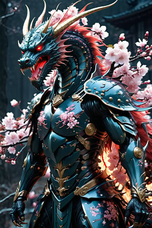 Illustrate Japan as an ancient, vicious beast in a biopunk style, resembling a bioengineered samurai dragon with cybernetic armor and glowing eyes. The dragon should have mechanical limbs and elements of Japanese culture, such as a digitalized cherry blossom pattern on its scales, masterpiece by Aaron Horkey and Jeremy Mann, masterpiece, Photorealistic, illustration by MSchiffer, octane render, unreal engine v5, high resolution, wlop, Glenn Brown, Carne Griffiths, Alex Ross, artgerm and james jean