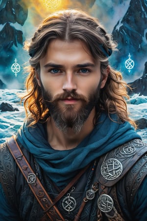 EternalDeath, Modern-day Viking, mythic, look at camera, (surrounded by glowing Nordic Runes:1.7), nordic hair and beard style, (weilding twin axes with glowing nordic symbols), a wolf is in the background, hdr, masterpiece, ultra realistic,Extremely Realistic, evokes fantasy and mythology, draped in enigmatic cloaks and ancient runes, ink and watercolor techniques blending background and figure, high contrast, chiaroscuro highlighting her mysterious essence, otherworldly creatures lurking, ultra fine details reflecting a mythological context, Impasto Encaustic painting! Masterpiece, Magnificent Textures. Stylized Impasto Summerscape day. 3D Adorable cute tiny adorable fisherman's boat ornate, Warm complementary colors. detailed encaustic painting, deep color, fantastical, intricate detail, splash screen, complementary colors, fantasy concept art, 8k resolution CGSociety,impressionist painting, magic splash, fantasy art, watercolor effect, bokeh, digital painting, soft lighting, retro aesthetic, natural lighting, cinematic, masterpiece, highly detailed, intricate, extreme texture, octane render