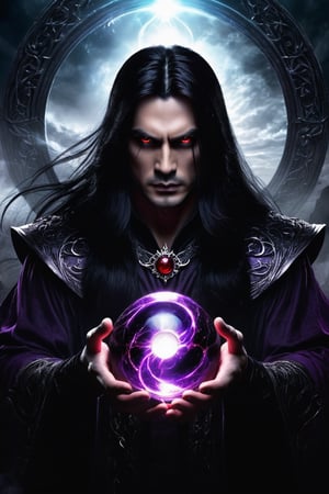 ((The king of the underworld, creepy scary face, long black hair, bright purple eyes, black and red armature, concentration expression, holding a magical dark sphere)), casting a powerful magic:(magical dark around, dark aura, massive magic circle coming down from sky, final battle, fighting scene, cinematic still, shaking ground effect, masterpiece quality, detailed light effect, detailed shadows effect, ,scenery, close-up