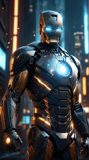 Action mode, action pose, Iron Bat: A powerful fusion of Iron Man and Batman. This character wears a sleek, dark metallic suit with bat-like features, glowing arc reactor in the chest, and a bat symbol. The suit combines the high-tech elements of Iron Man with the stealth and tactical features of Batman, including a cape made of energy. The background should be a futuristic Gotham cityscape, illuminated with a cold blue hue. Add glare, lens flare, cinematic lighting, and particles for a dramatic effect, enhancing the fusion of technology and darkness.

(best quality, 4K, 8K, high-resolution, masterpiece), ultra-detailed, realistic, photorealistic, intricate design, vibrant colors, detailed facial expression, otherworldly appearance, glowing elements, complex patterns, high contrast, dynamic lighting, cinematic composition, high detail, high resolution.
