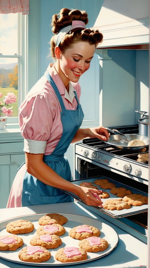 Norman Rockwell art, ultra detailed illustration in soft pastel colors, a beautiful and elegant housewife baking cookies, soft, cute smile, shabby chic livingroom environment, best quality, centered image, inspired by the 1950s ((flat colors)) ((low saturation)) pink, white, blue, vintage, MASTERPIECE by Aaron Horkey and Jeremy Mann