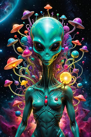 Illustrate Pinterest as an alien curator, a beautifully adorned alien with a collection of glowing, pin-like appendages, and a head resembling the Pinterest logo, organizing a vast gallery of cosmic artifacts