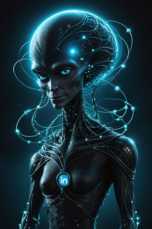 Illustrate an extraterrestrial LinkedIn entity, characterized by a formal demeanor and a network of connections flowing around it. It should have a sophisticated, tech-savvy appearance