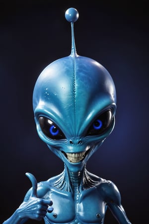 Create an alien representation of Facebook, with the alien having a blue color scheme and a 'thumbs up' antenna. The alien should have multiple eyes resembling notifications and a friendly smile,