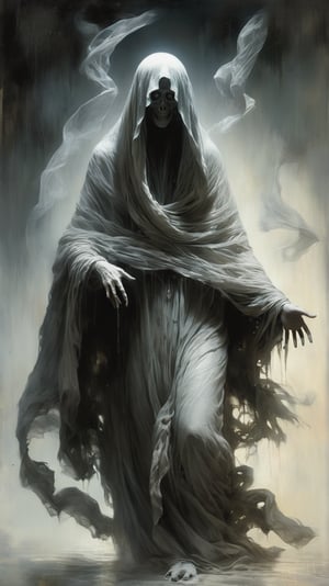 Hantu Bungkus - A ghost wrapped in a shroud, hopping or floating eerily in search of the living, MASTERPIECE by Aaron Horkey and Jeremy Mann, sharp, masterpiece, best quality, Photorealistic, ultra-high resolution, photographic light, illustration by MSchiffer, Hyper detailed