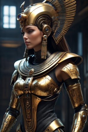 Create a biopunk depiction of ancient Egypt as a vicious futuristic robot. Imagine a robotic pharaoh with cybernetic limbs and glowing hieroglyphics etched into its metallic body. The robot should have a mechanical headdress resembling the iconic nemes and integrated elements of Egyptian architecture, like the pyramids and sphinx, masterpiece by Aaron Horkey and Jeremy Mann, masterpiece, Photorealistic, illustration by MSchiffer, octane render, unreal engine v5, high resolution, wlop, Glenn Brown, Carne Griffiths, Alex Ross, artgerm and james jean