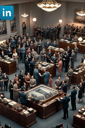 A bustling 1950s office with well-dressed professionals shaking hands, with a banner in the background reading, 'Build Your Career Network on LinkedIn, masterpiece by Aaron Horkey and Jeremy Mann, masterpiece, best quality, Photorealistic, ultra-high resolution, photographic light, illustration by MSchiffer, fairytale, Hyper detailed, octane render, unreal engine v5