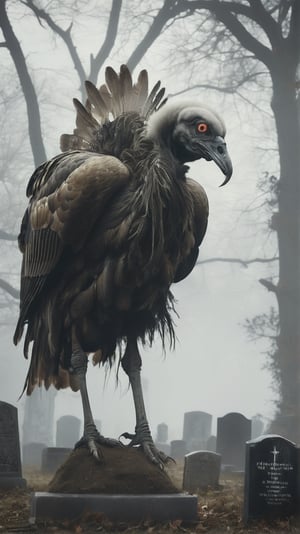 Turkey: The Gulyabani - a ghoul-like creature that haunts graveyards and feeds on the dead, with a decayed, skeletal appearance and glowing eyes. Place it in a desolate, fog-covered cemetery, with old tombstones and unearthed graves, MASTERPIECE by Aaron Horkey and Jeremy Mann, sharp, masterpiece, best quality, Photorealistic, ultra-high resolution, photographic light, illustration by MSchiffer, Hyper detailed