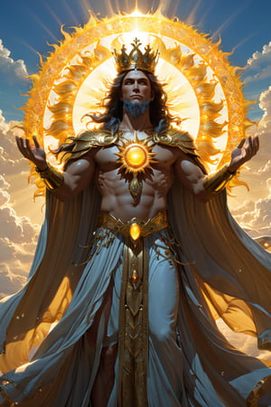 Create a radiant and majestic god for Sunday, embodying the warmth and light of the sun. This deity should have a glowing aura, golden robes, and a crown of sun rays. The background can include a bright, clear sky with the sun at its peak, symbolizing vitality and renewal, masterpiece by Aaron Horkey and Jeremy Mann, masterpiece, best quality, Photorealistic, ultra-high resolution, photographic light, illustration by MSchiffer, fairytale, Hyper detailed, octane render, unreal engine v5