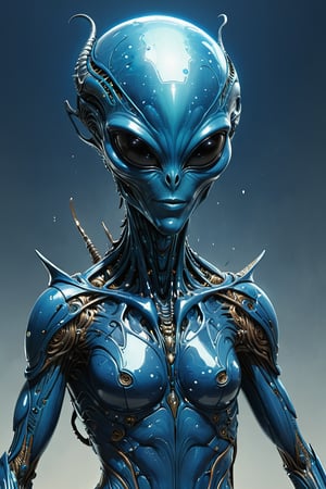 Create an alien representation of Facebook, with the alien having a blue color scheme and a 'thumbs up' antenna. The alien should have multiple eyes resembling notifications and a friendly smile, masterpiece by Aaron Horkey and Jeremy Mann, masterpiece, Photorealistic, illustration by MSchiffer, octane render, unreal engine v5, high resolution, wlop, Glenn Brown, Carne Griffiths, Alex Ross, artgerm and james jean