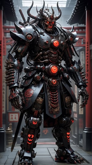 Create a biopunk depiction of ancient Japan as a vicious robotic oni with mechanical limbs and glowing red eyes. The robot should incorporate elements of Japanese heritage, like the Shinto shrine patterns and cybernetic versions of traditional samurai weapons, MASTERPIECE by Aaron Horkey and Jeremy Mann, sharp, masterpiece, best quality, Photorealistic, ultra-high resolution, photographic light, illustration by MSchiffer, Hyper detailed