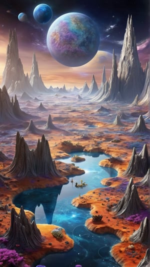 Design a fantastical landscape inspired by another celestial entity in our solar system. This imaginative terrain should feature distinct geological formations and extraterrestrial flora and fauna