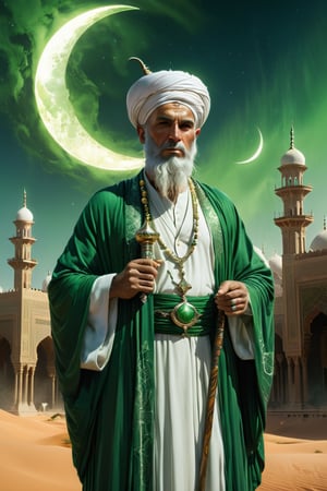 portrait, photorealistic of A dignified and wise character wearing a flowing green and white robe with a turban, holding a crescent moon staff. He stands in a desert oasis with a mosque and minarets in the background, embodying faith and spirituality, masterpiece by Aaron Horkey and Jeremy Mann, masterpiece, best quality, Photorealistic, ultra-high resolution, photographic light, illustration by MSchiffer, fairytale, sunbeams, cinematic lighting, Hyper detailed, atmospheric, vibrant, dynamic studio lighting, wlop, Glenn Brown, Carne Griffiths, Alex Ross, artgerm and james jean, spotlight, fantasy, surreal, octane render, unreal engine v5